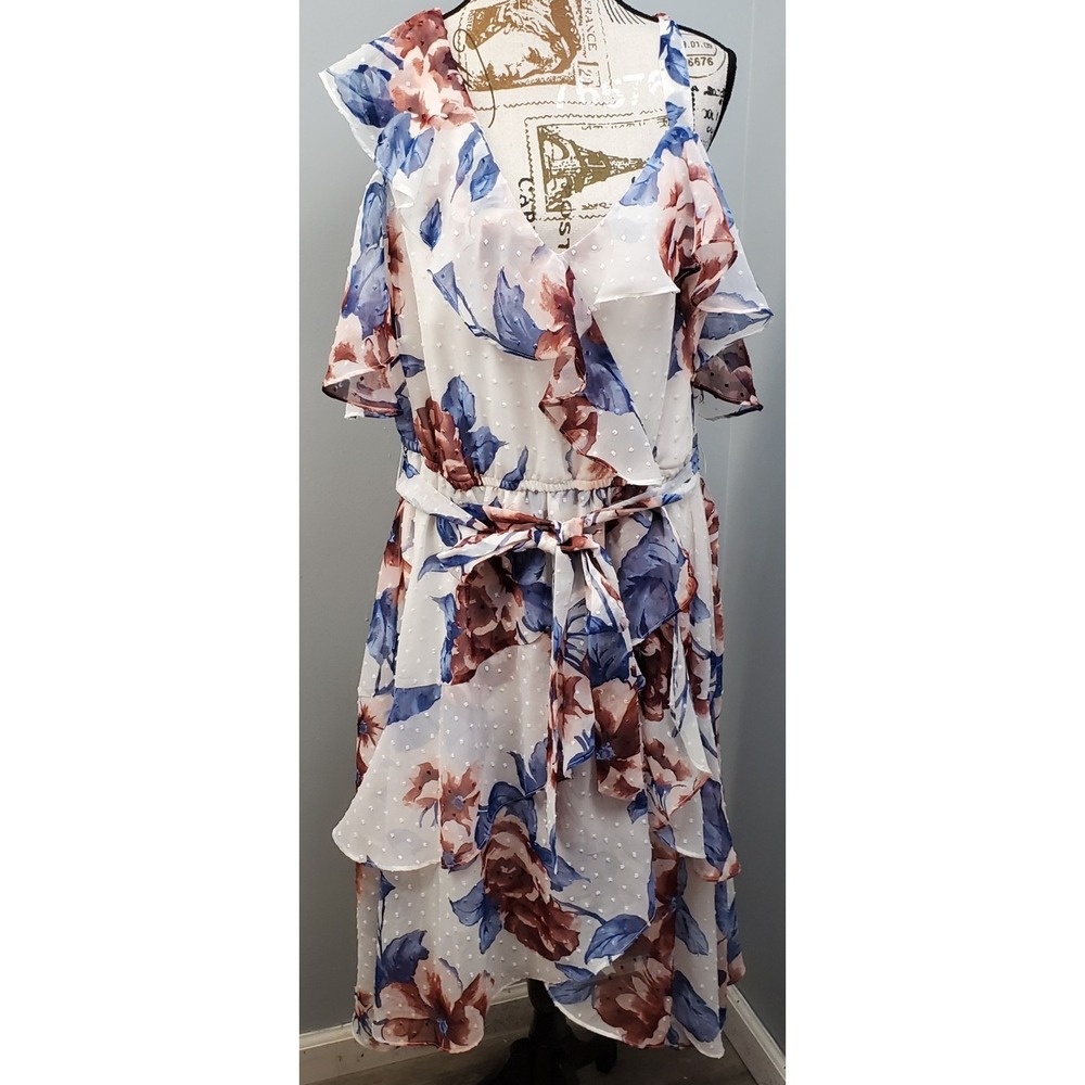 Lane Bryant Dress Womens 18 Multi Floral Swiss Dot Cold-Shoulder Belted Waist